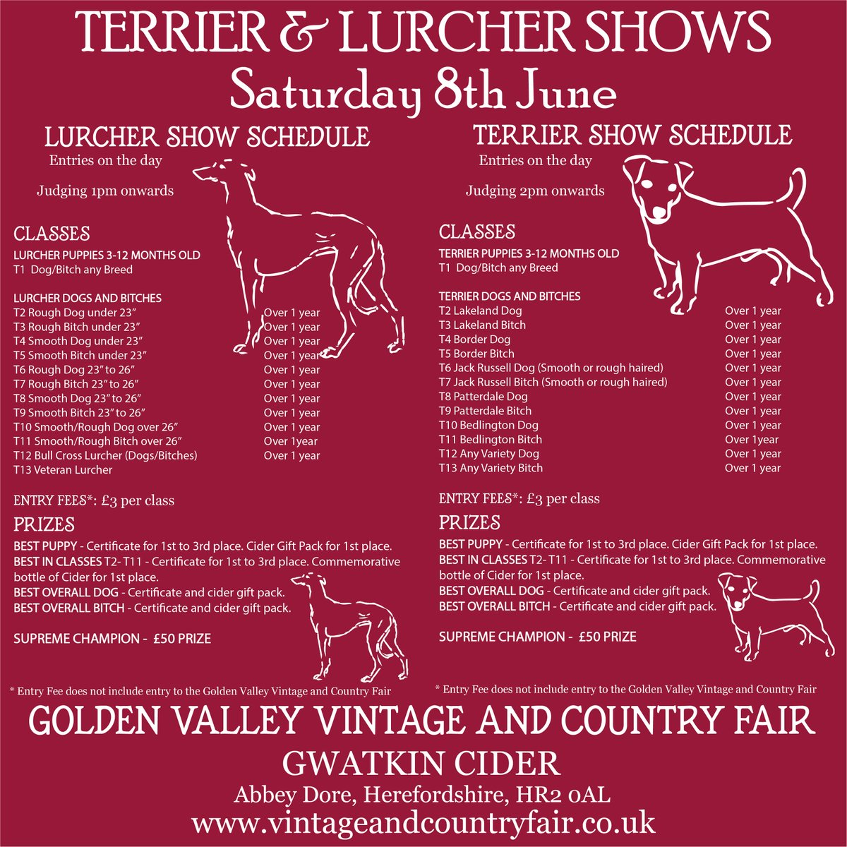 GoldenValleyVi1's tweet photo. The Terrier and Lurcher Show schedules have been confirmed and judges are in place.
Find out more about the day at https://t.co/5kaldj76Jf
(For ring side parking please arrive ahead of the show, last vehicle movement 09:30am) https://t.co/nBidRk6K7y