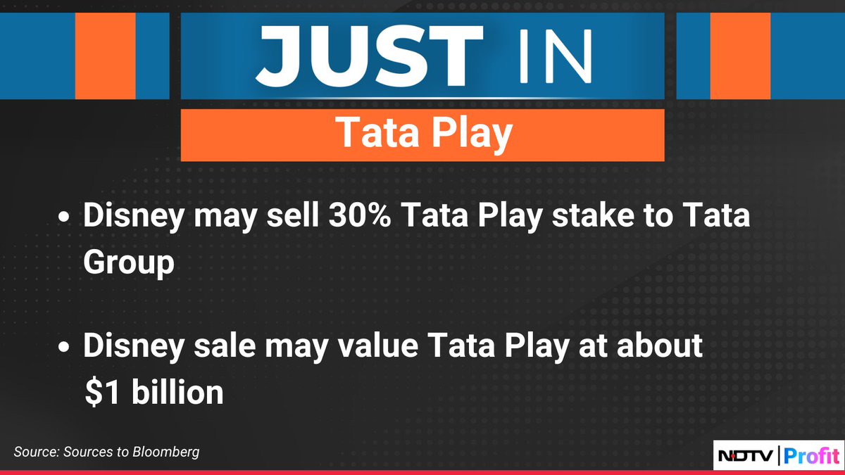 #Disney may sell 30% #TataPlay stake to #TataGroup.

For the latest news and updates, visit: ndtvprofit.com