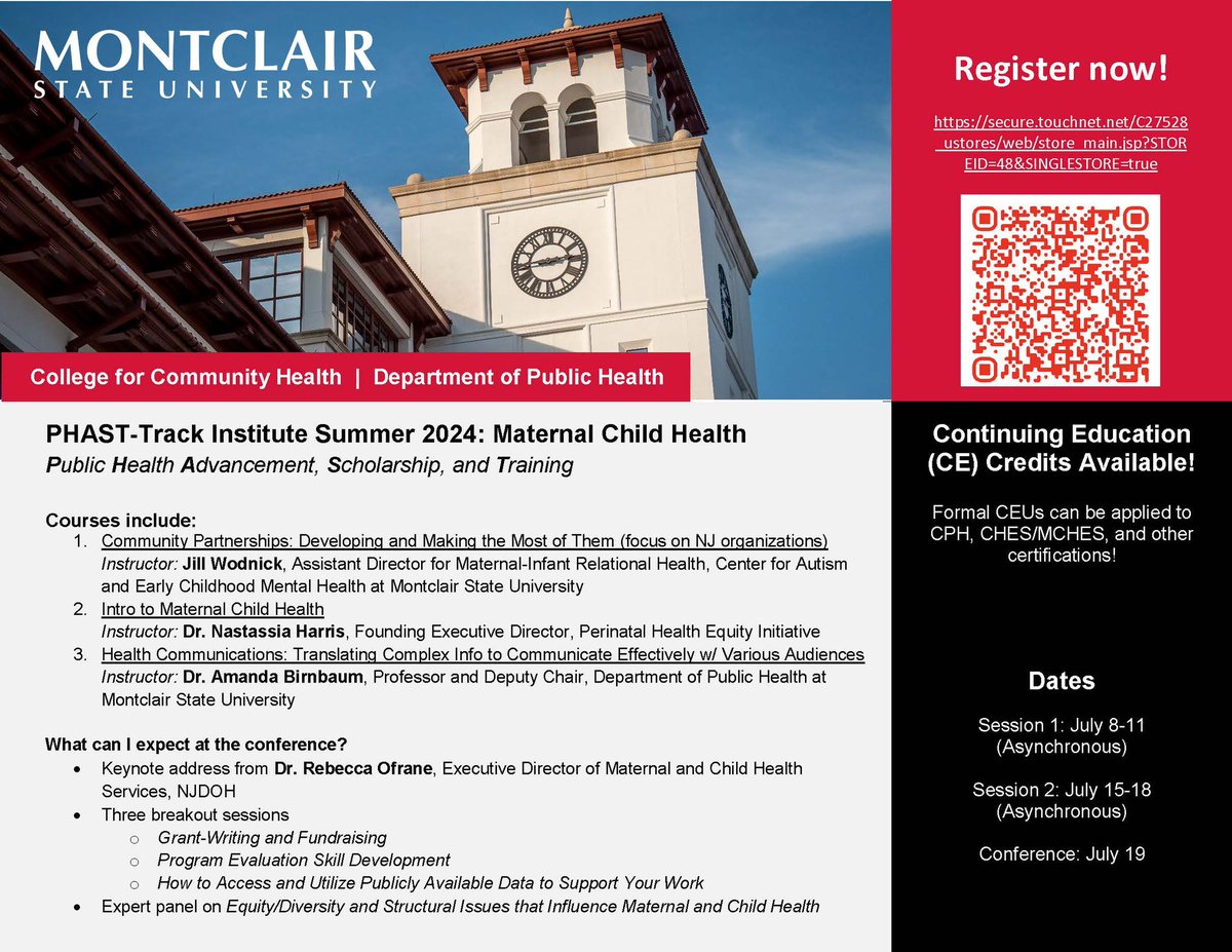 Registration is open for our inaugural Summer Program in PH Workforce Development! Our focus this year is Maternal and Child Health. Register for a weeklong class or our 1-day conference… or both! <a href="/montclairstateu/">Montclair State University</a>  #CCHL #MonclairStateUniversity #PublicHealth #MCH