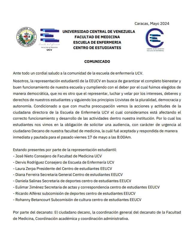 VivaLaUCV's tweet photo. #Comunicado | Estudiantes de la Escuela de Enfermería denuncian a la Directora Prof. Carmen Zulay Verdy por saboteo administrativo, acoso y abuso de poder a profesores, estudiantes, empleados y obreros.

Solicitan al Decano @mjpatino tome las correcciones pertinentes. https://t.co/mLxL49FPqG