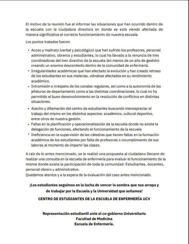 VivaLaUCV's tweet photo. #Comunicado | Estudiantes de la Escuela de Enfermería denuncian a la Directora Prof. Carmen Zulay Verdy por saboteo administrativo, acoso y abuso de poder a profesores, estudiantes, empleados y obreros.

Solicitan al Decano @mjpatino tome las correcciones pertinentes. https://t.co/mLxL49FPqG