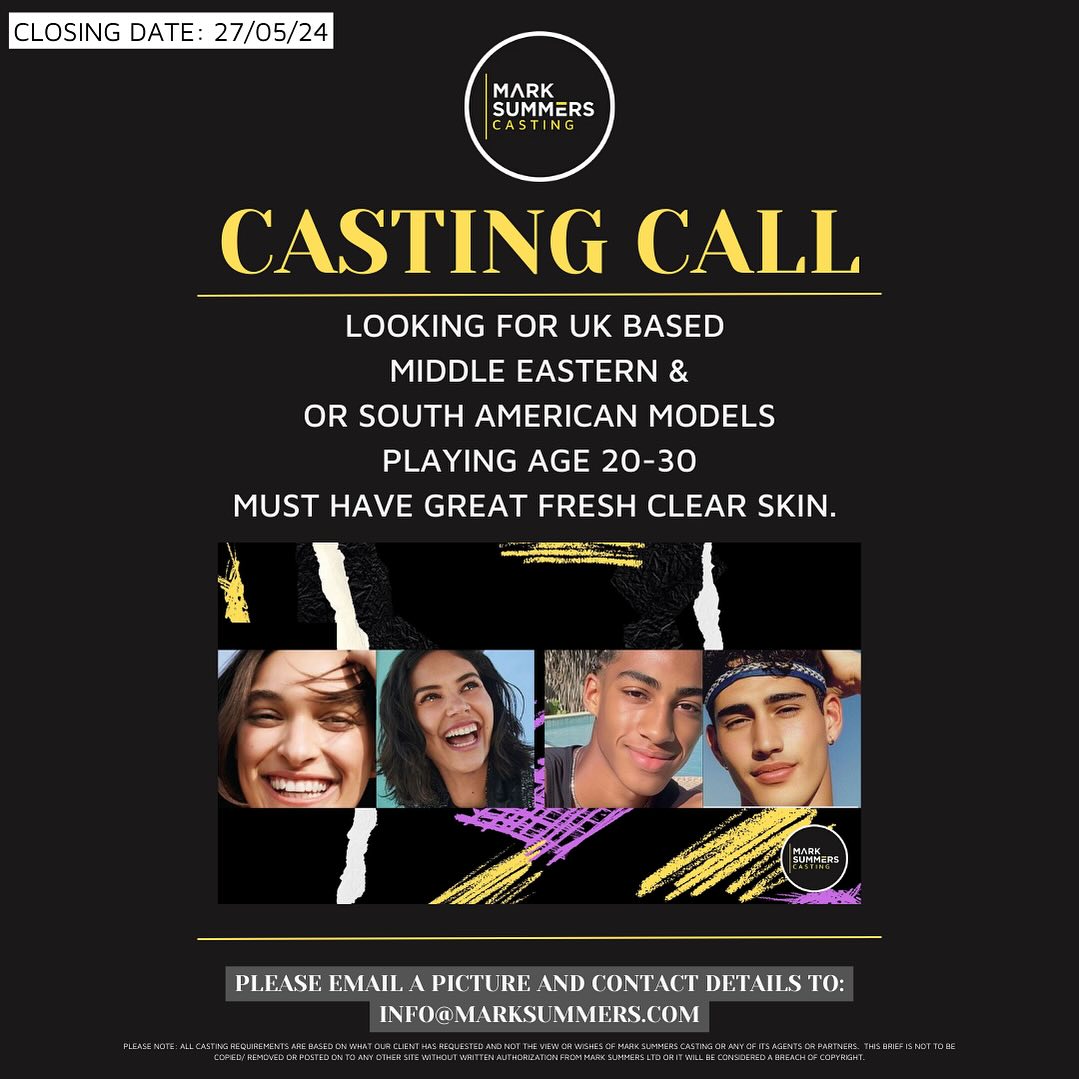 NEW #CASTINGCALL Looking for models of Middle Eastern and or South American heritage for a #skincare brand must be based in the UK looking for fresh healthy skin. Please share in person casting #castingdirector #marksummerscasting #paid