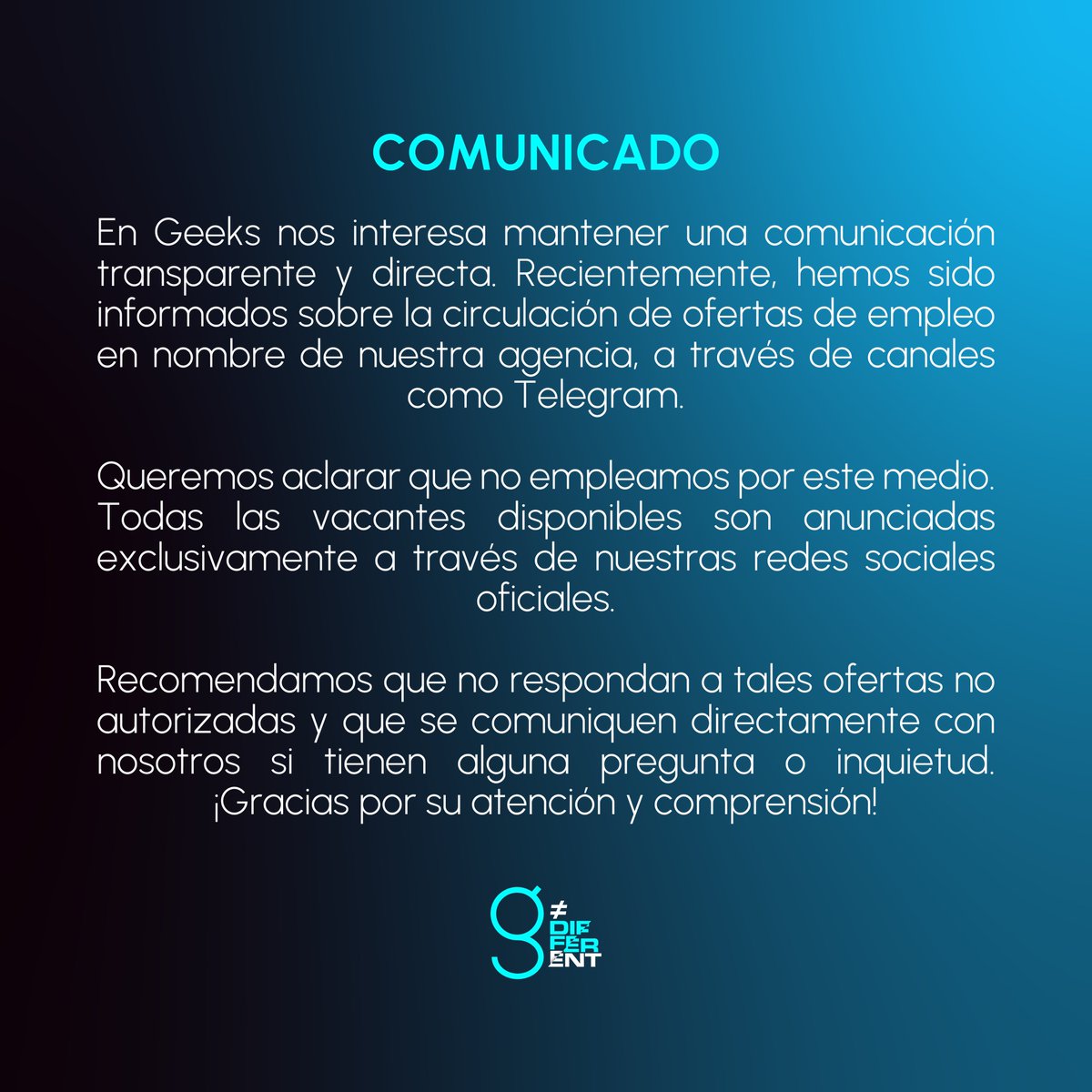 GeeksEC's tweet image. 🚨 Atención🚨
Si recibes un mensaje de oferta laboral, fuera de nuestros canales oficiales, repórtalo y verifica con nosotros. ¡Protege tu información!

#GeeksEc
