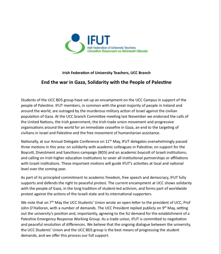📢 IFUT UCC Branch stands in solidarity with UCC student encampment in support of Palestine. Read our full statement below👇 #IFUT #Solidarity