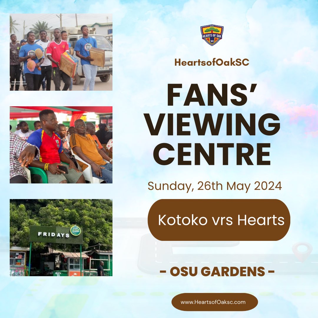 🌳 | 🔴🟡🔵 Our fans viewing Centre comes off this Sunday as we play as guests to Kotoko in the Ghana Premier League matchday-31. 👉🏼 Fridays, Osu Gardens #AHOSC #Phobia4Life #StarLife