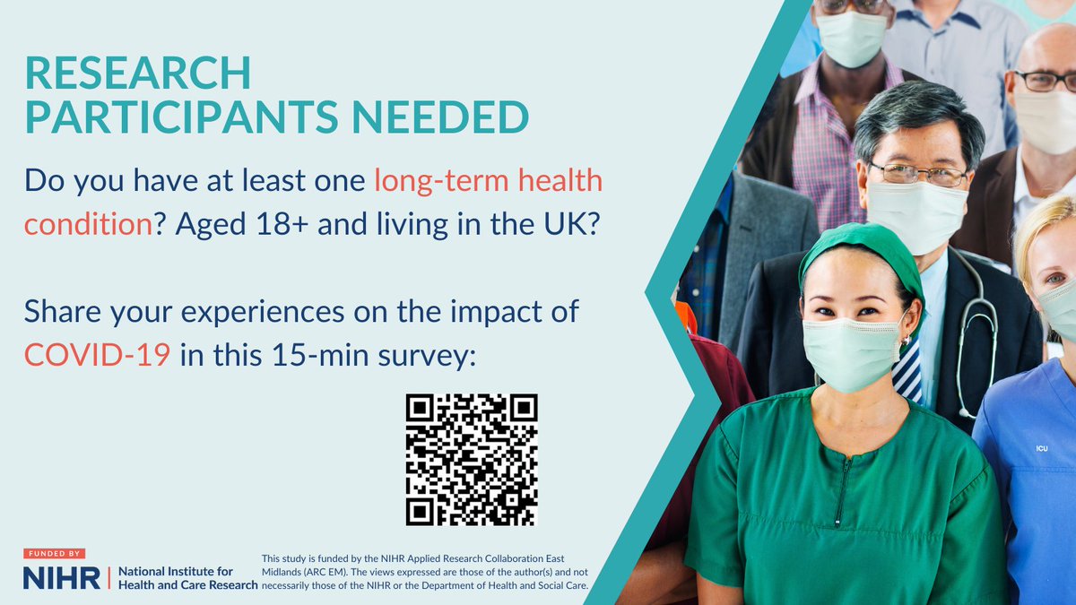 📢Calling all UK adults with at least one long-term health condition! Take 15 mins to share how #COVID19 impacted your healthcare access and wellbeing in this vital #PhD research survey, funded by @ARC_EM. 🔗app.onlinesurveys.jisc.ac.uk/s/leicester/co… @kamleshkhunti @shukrat_so #MLTCs