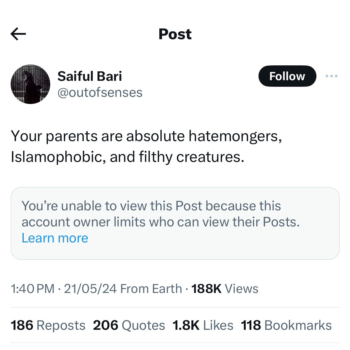 This man just posted a screenshot showing his family voted for a party, and hundreds of Leftists/lsIamists/Congressis started abusing his parents, calling them hαtemongers, viIe, and whatnot. They also gave threαts, which made him delete his post and go private. All this