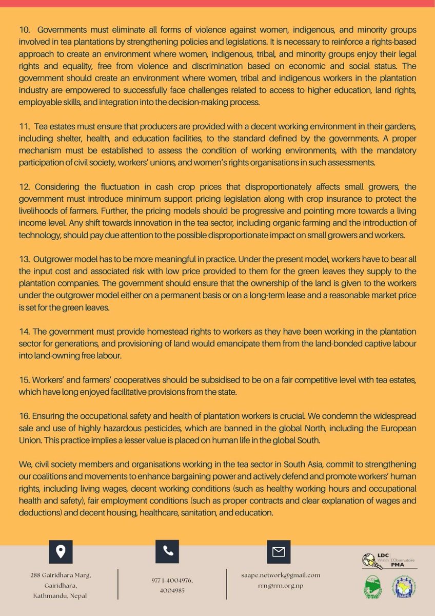 On #InternationalTeaDay2024, 23 civil society orgs released an open appeal calling for action to ensure #LivingWage, fair pricing, & social security for plantation workers & small growers in #SouthAsia. @UN & govts must hold tea estates & brands accountable. #FairTrade