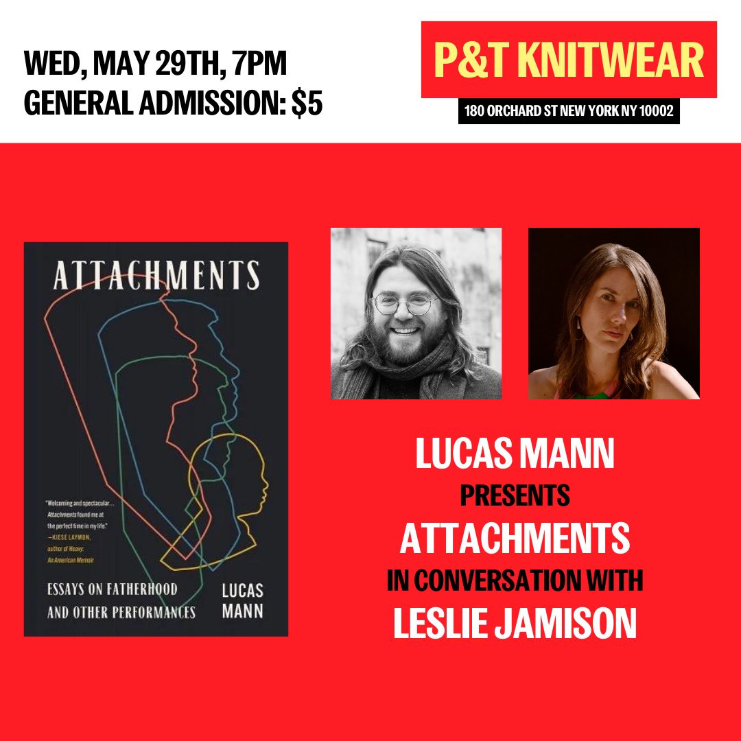 NYC folks! Next Wednesday, 5/29, I'm going to be reading from ATTACHMENTS at @ptknitwear with THE @lsjamison !! Would love to see you!