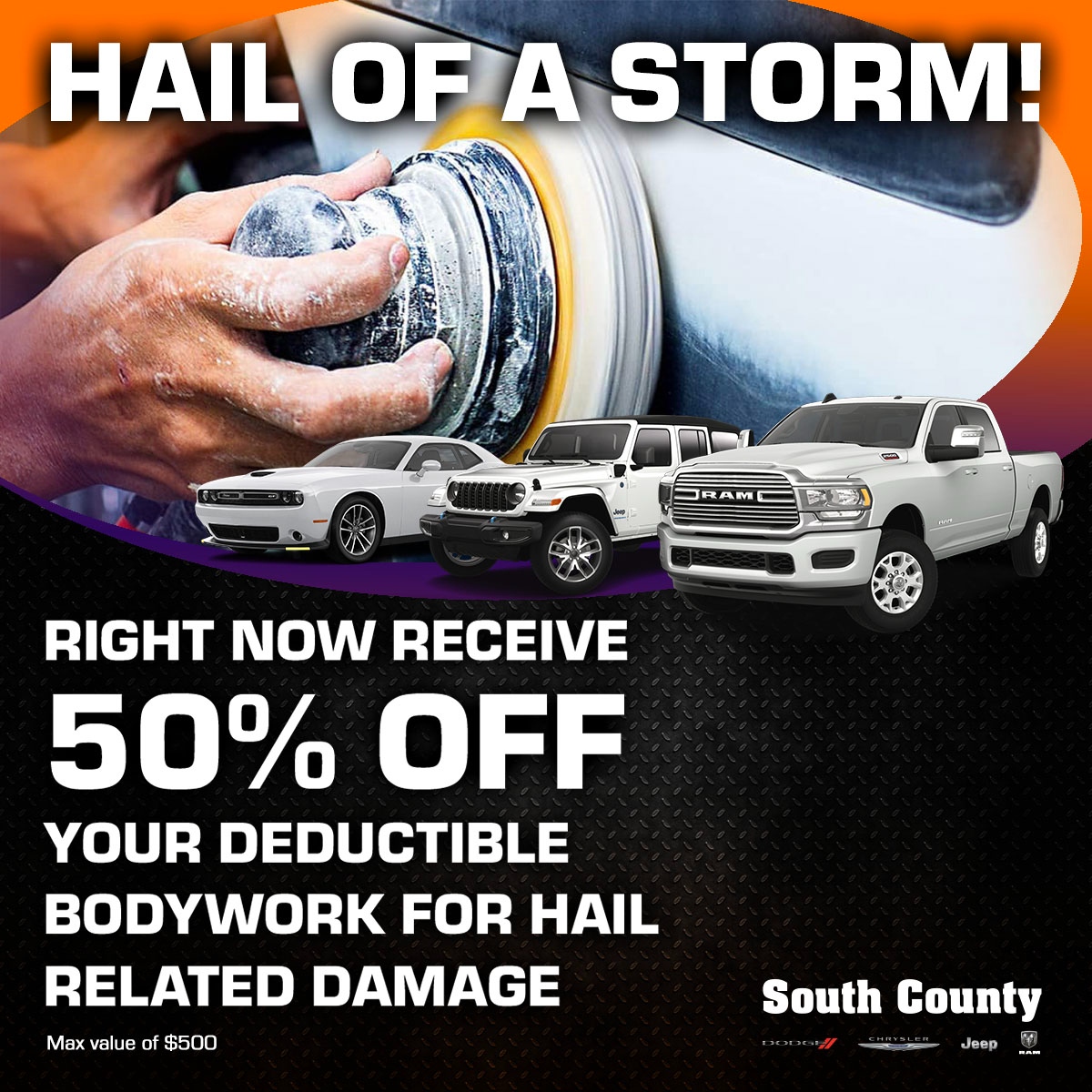 SouthCountyDCJR's tweet photo. Brace yourself for a storm of savings! ☔🚗  With our 50% off deductible bodywork deal, repairing hail damage has never been easier. ⚡ Don't miss out! #Auto #SouthCounty #StormSavings https://t.co/PxZSBot41O