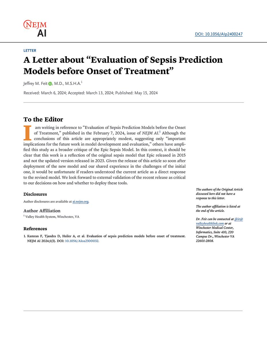 A Letter by Jeffrey M. Feit, MD, MSHA, about “Evaluation of Sepsis Prediction Models before Onset of Treatment” nejm.ai/3QJoRZd