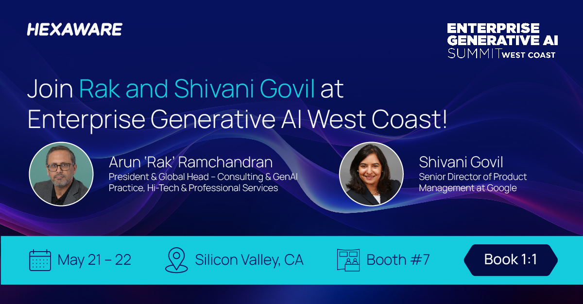 Energy at yesterday's Enterprise Generative #AI Summit West Coast was electric! Don't miss out today! Visit Hexaware booth #7 & unlock the power of #GenAI for your business. Plus, catch @raknz & Shivani's keynote on scaling AI for impact! bit.ly/3Vce6kw #innovation