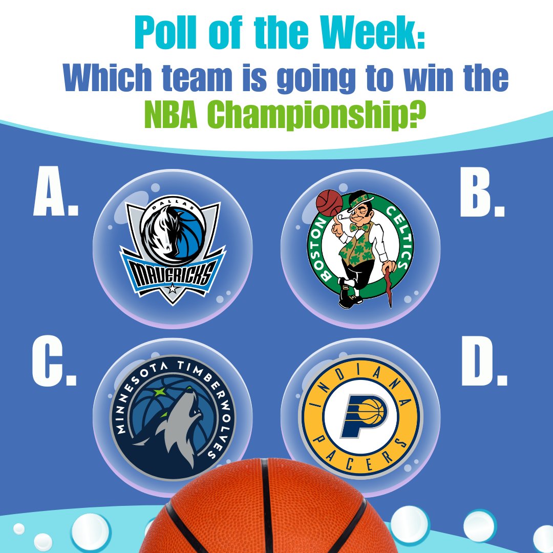 Poll of the Week: Which team is going to wash away the competition to be the next NBA Champions? A) #Mavericks B) #Celtics C) #Timberwolves or D) #Pacers

Let us know in the comments! 

#PolloftheWeek #NBAFinals #RollingSuds #CranberryPA #McKnightPA