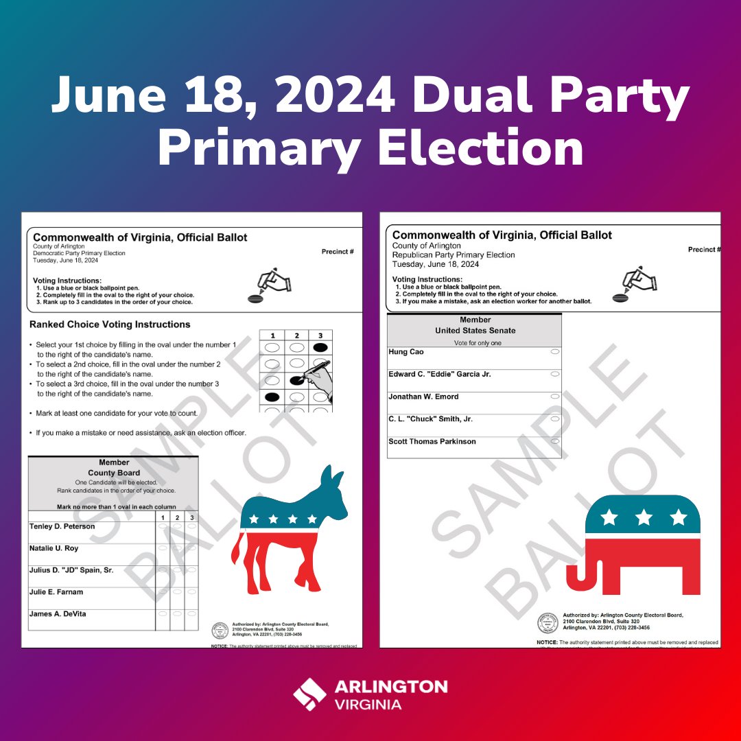 Voting in the June 18 Dual Primary? The Democratic Primary is for County Board (Ranked Choice Voting style) & the Republican Primary is for US Senate. You may choose either a Democratic or Republican ballot, but not both. vote.arlingtonva.gov/Elections 

#ArlingtonVotes #Vote2024
