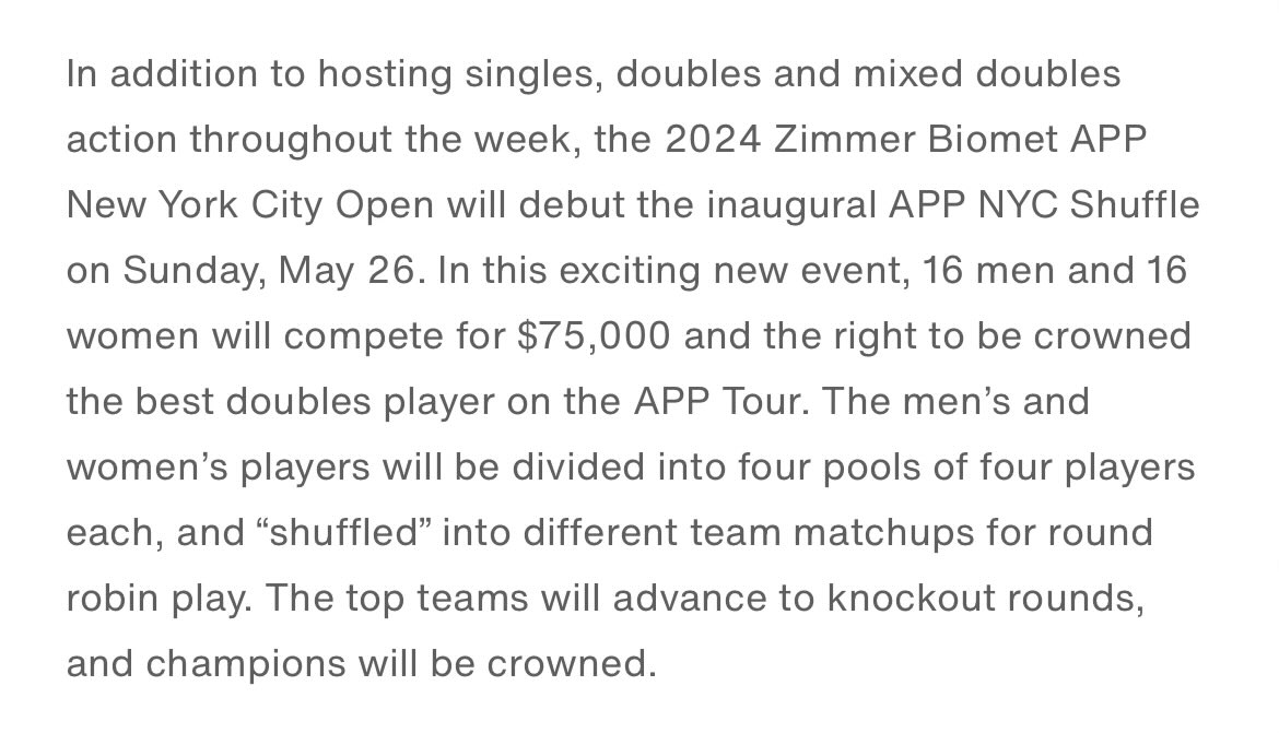 APP NYC Champ matches will be played same day as rest of bracket because on Sunday it’s the first ever APP Pro Shuffle. Players will play with each other player in group of 4 once and the top 2 will advance. True rally scoring to 21 (win by 1‼️). Winner takes home $4k #pickleball