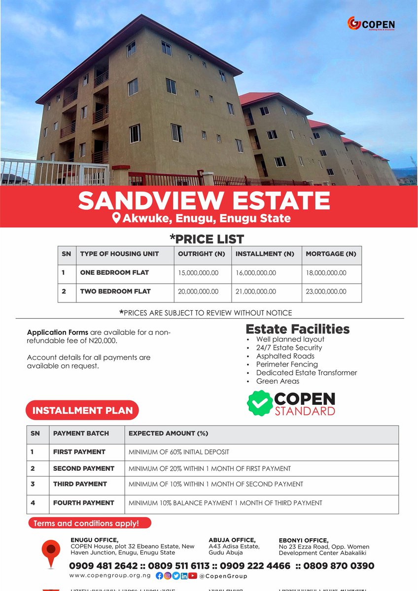 CopenGroup's tweet photo. Sandview Estate is a destination of choice for investment.
Invest today!
COPEN: Building #Lives and #Structures
#SandviewEstate #CopenGroup #Copen #Enugu #RealEstate https://t.co/b9AMtKpwDo