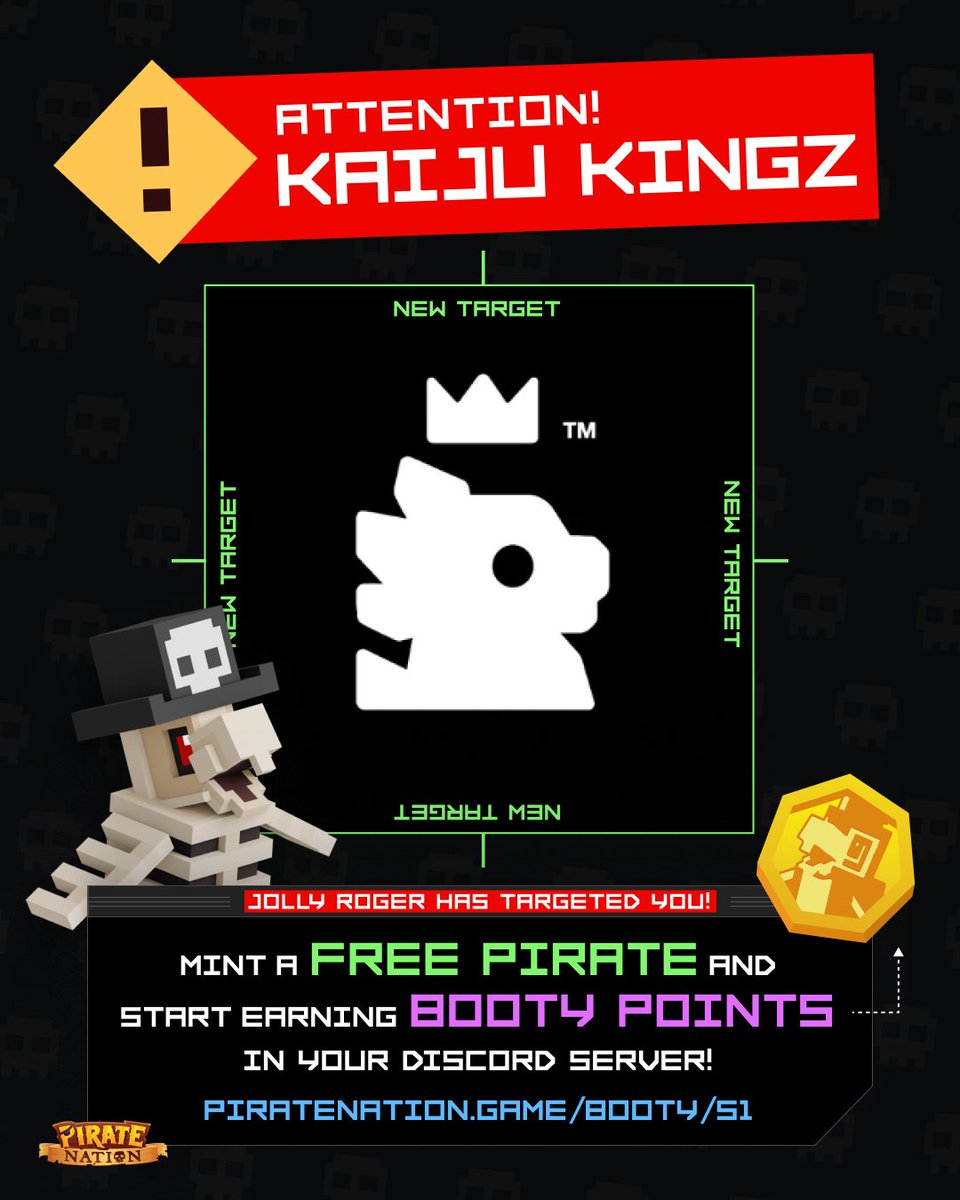 Next up, our friends at @KaijuKingz!

For the next 24 hours, any Kaiju Kingz holder can mint a free Pirate, join the game, and start earning BOOTY Points.

Mint your free Pirate here and start earning yer BOOTY now:

piratenation.game/parley/kaijuki…