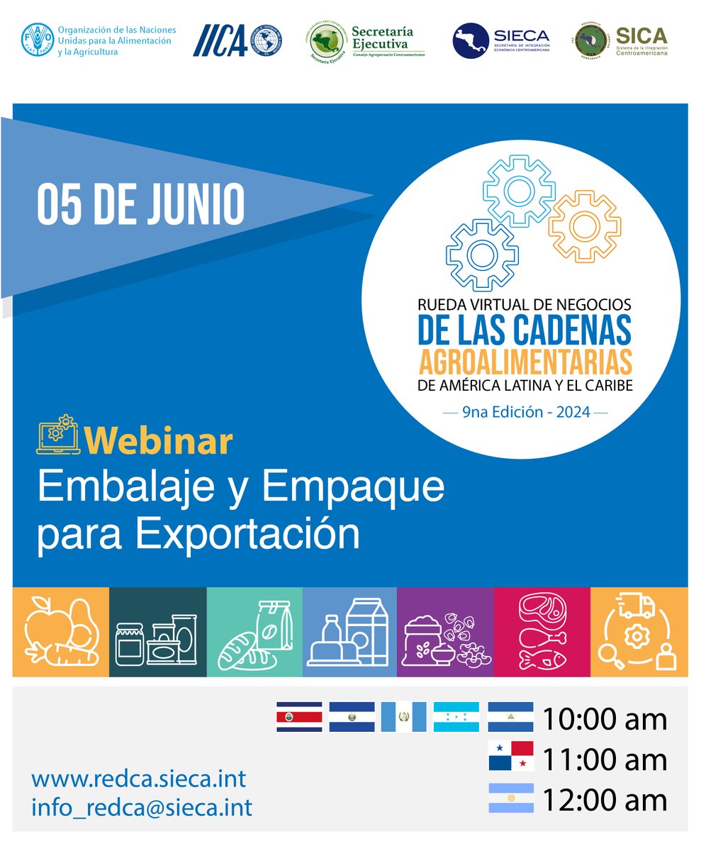 🚩2 Webinar Lanzamiento de la IX Rueda Virtual de las Cadenas Agroalimentarias de ALC “Embalaje y empaque para la exportación”. Organizan @IICAnoticas, <a href="/FAOAmericas/">FAO Américas</a>,  <a href="/SE_CAC/">SE-CAC</a> y <a href="/sg_sieca/">SIECA</a>
📅Fecha: 05 de junio de 2024 Hora: 10 am CA y 11:00 am Panamá 
💻 bit.ly/4axKrqL