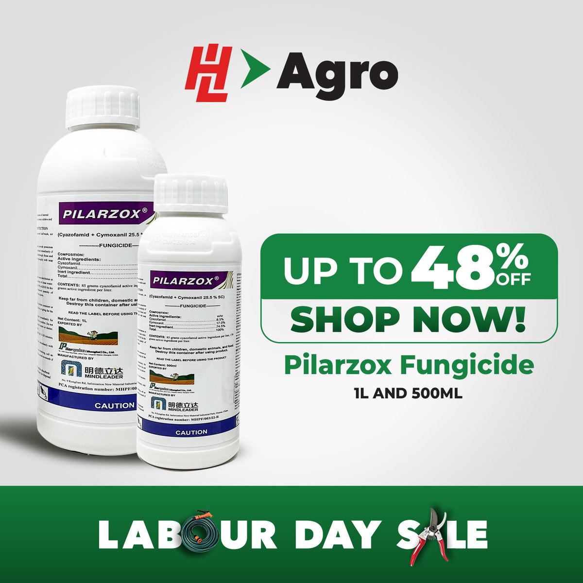 Celebrate the Labour Day Sale with up to 48% off Pilarquim Fungicides! Visit any of our stores today and take advantage of this amazing offer. #HLAgro #LabourDaySale #PilarquimFungicides #StockUpAndSave