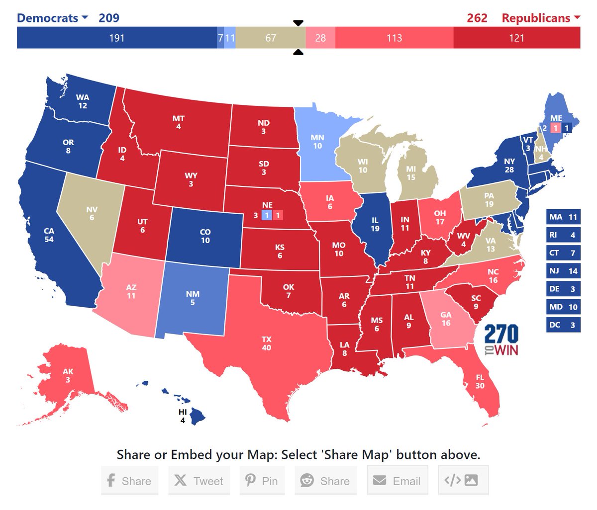 My current electoral map. If nothing else changes, it would be difficult for Trump to not go over 270 and win.