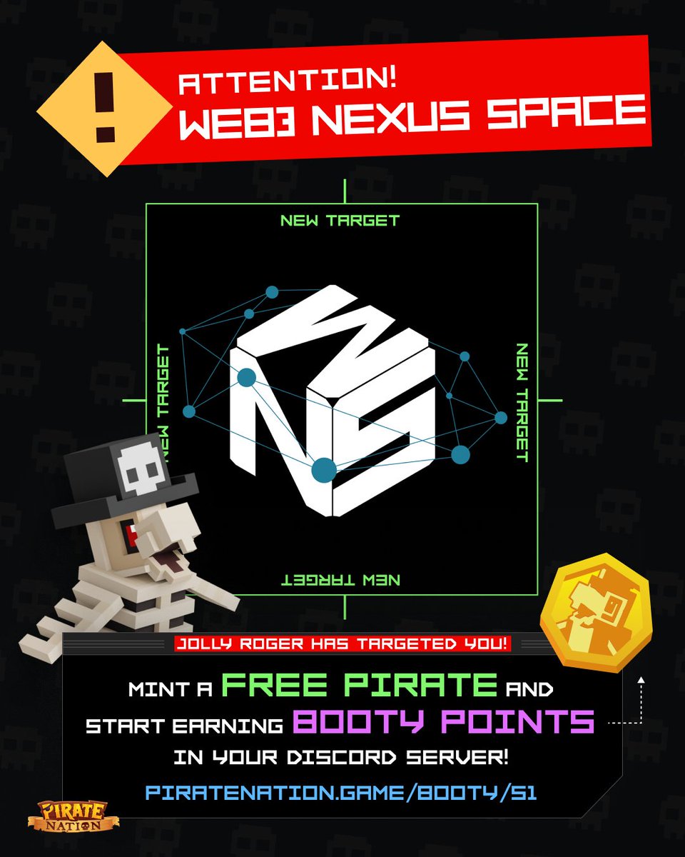 Next up, our friends at <a href="/web3nexusspace/">WEB3 NEXUS SPACE</a>!

For the next 24 hours, any Web3 Nexus Space member can mint a free Pirate, join the game, and start earning BOOTY Points.

Mint your free Pirate here and start earning yer BOOTY now:

piratenation.game/play?code=Nexu…