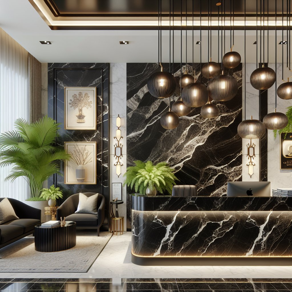 CountertopsMore's tweet image. Our Onyx Receptionist Desk is a statement piece that will be remembered by your clientele. Crafted for the bold, create a memorable first impression. 🌟🖤 #OnyxOpulence #FirstImpressionLasts ✨