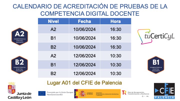 👩🏻‍💻PRUEBAS DE ACREDITACIÓN DIGITAL DOCENTE
🗓️Varias fechas en horario de mañana y tarde, no dudéis en avisar <a href="/TICCFIEPalencia/">Asesoría TIC_CFIE Palencia</a> , al asesor responsable 💻 para resolver cualquier duda sobre el proceso🖥️⌨️.
<a href="/CFIE_PALENCIA/">CFIE_PALENCIA</a> <a href="/educacyl/">Educación JCyL</a> #TiCyl