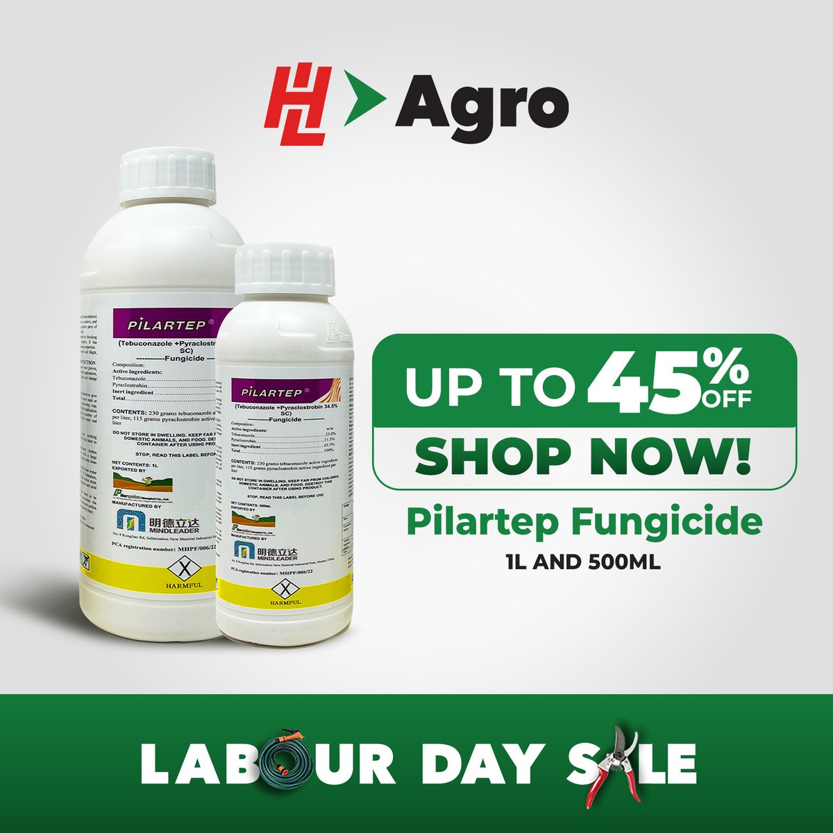 Celebrate the Labour Day Sale with up to 48% off Pilarquim Fungicides! Visit any of our stores today and take advantage of this amazing offer. #HLAgro #LabourDaySale #PilarquimFungicides #StockUpAndSave