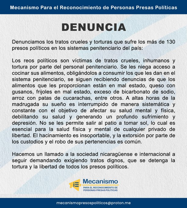 El @MPresasPresosNi denuncia que las casi 140 personas que permanecen presas en las cárceles del régimen Ortega Murillo en #Nicaragua siguen recibiendo tratos crueles y torturas. #LibertadParaLosPresosPoliticos #SOSNicaragua #LibertadYa #SonInocentes