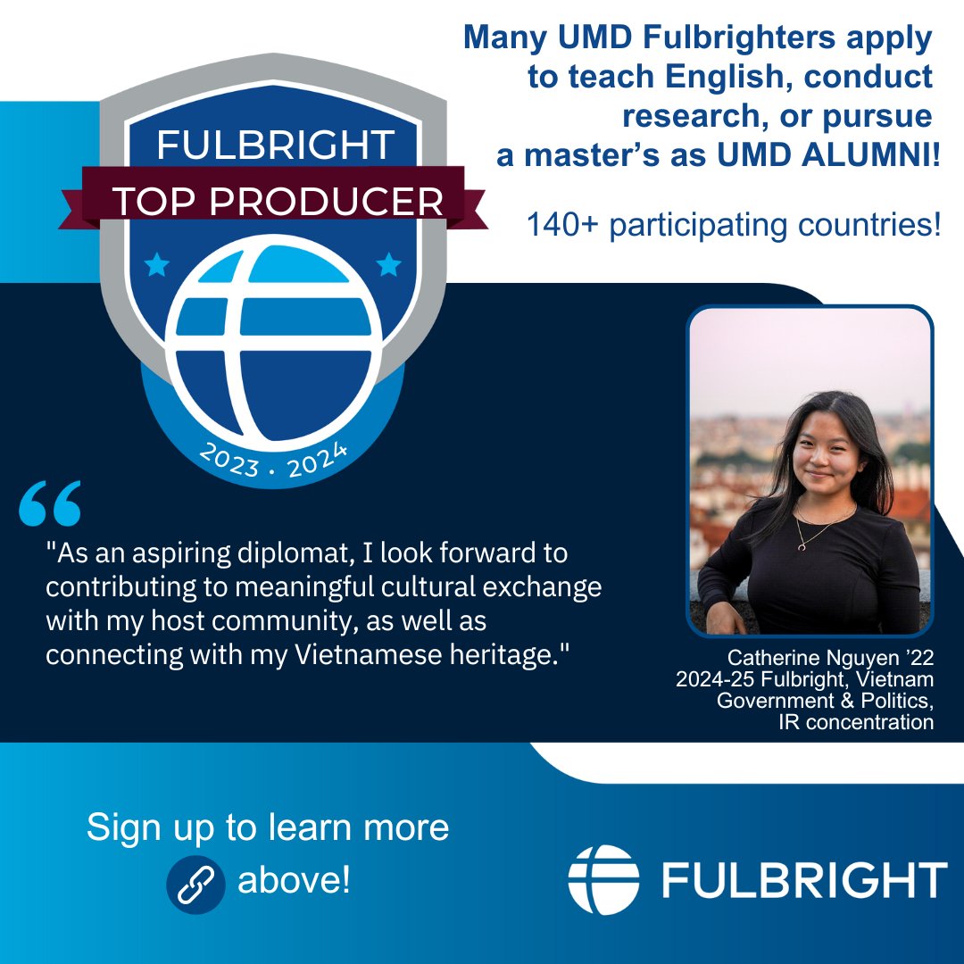 scholarships (@nso_umd) on Twitter photo ATTN UMD Alumni! Interested in teaching English, conducting research, or earning a master's degree abroad? Many UMD Fulbrighters (bachelor's & master's level) applied as alumni! Start here: umdsurvey.umd.edu/jfe/form/SV_6D… <a href="/Maryland_Alumni/">UMD Alumni Association</a> ATTN UMD Alumni! Interested in teaching English, conducting research, or earning a master's degree abroad? Many UMD Fulbrighters (bachelor's & master's level) applied as alumni! Start here: umdsurvey.umd.edu/jfe/form/SV_6D… <a href="/Maryland_Alumni/">UMD Alumni Association</a>