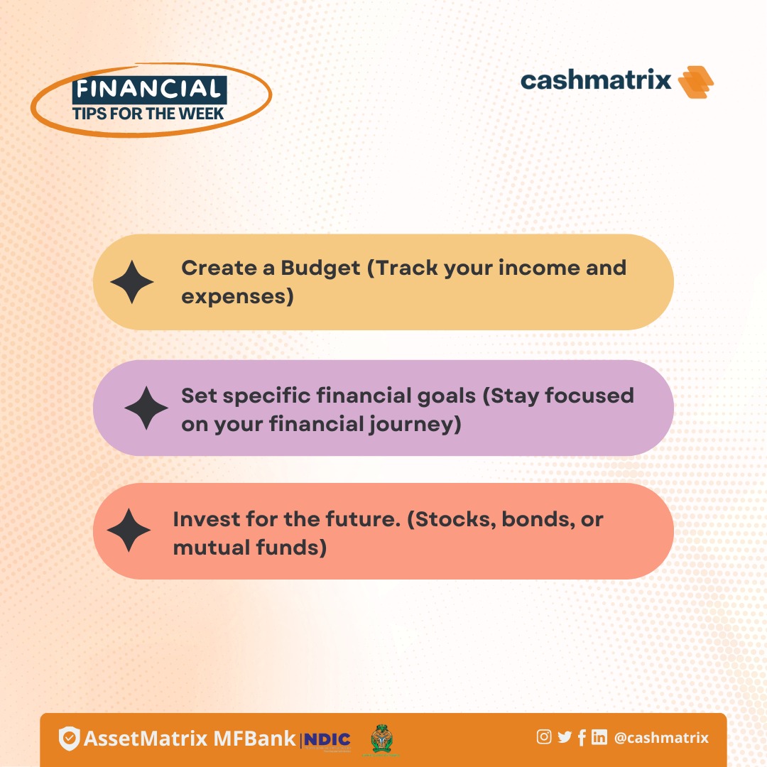 Dear Cashmatrix besties,

Set specific financial goals: having a clear goals can help you stay motivated and focused on your financial journey.
We hope you find these tips helpful 😉 

#DigitalBanking #MobileBanking #EasyBanking #SeamlessTransactions #DoItAllWithCashmatrix