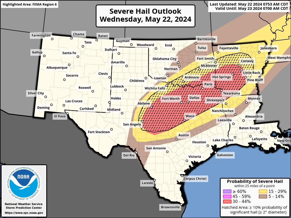 Within a long swath of severe weather potential from central TX to the Lower Great Lakes, the greatest concentration of severe weather (mainly large hail & damaging wind) should be across parts of central TX to central AR. Few tornadoes also possible. weather.gov