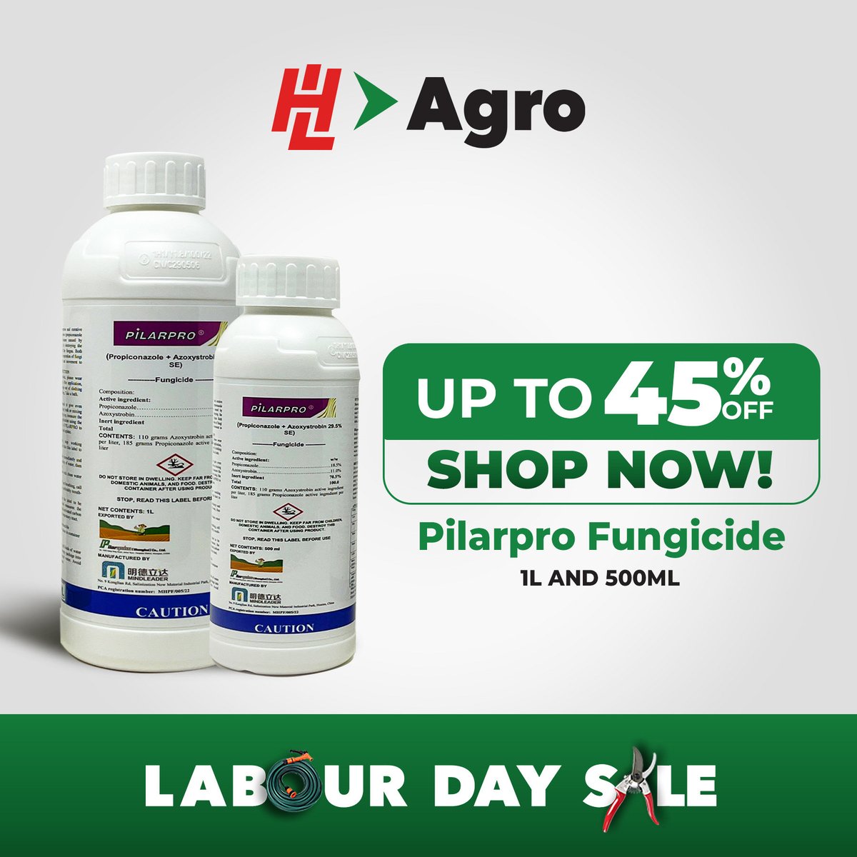 Celebrate the Labour Day Sale with up to 45% off Pilarquim Fungicides! Visit any of our stores today and take advantage of this amazing offer. #HLAgro #LabourDaySale #PilarquimFungicides #StockUpAndSave