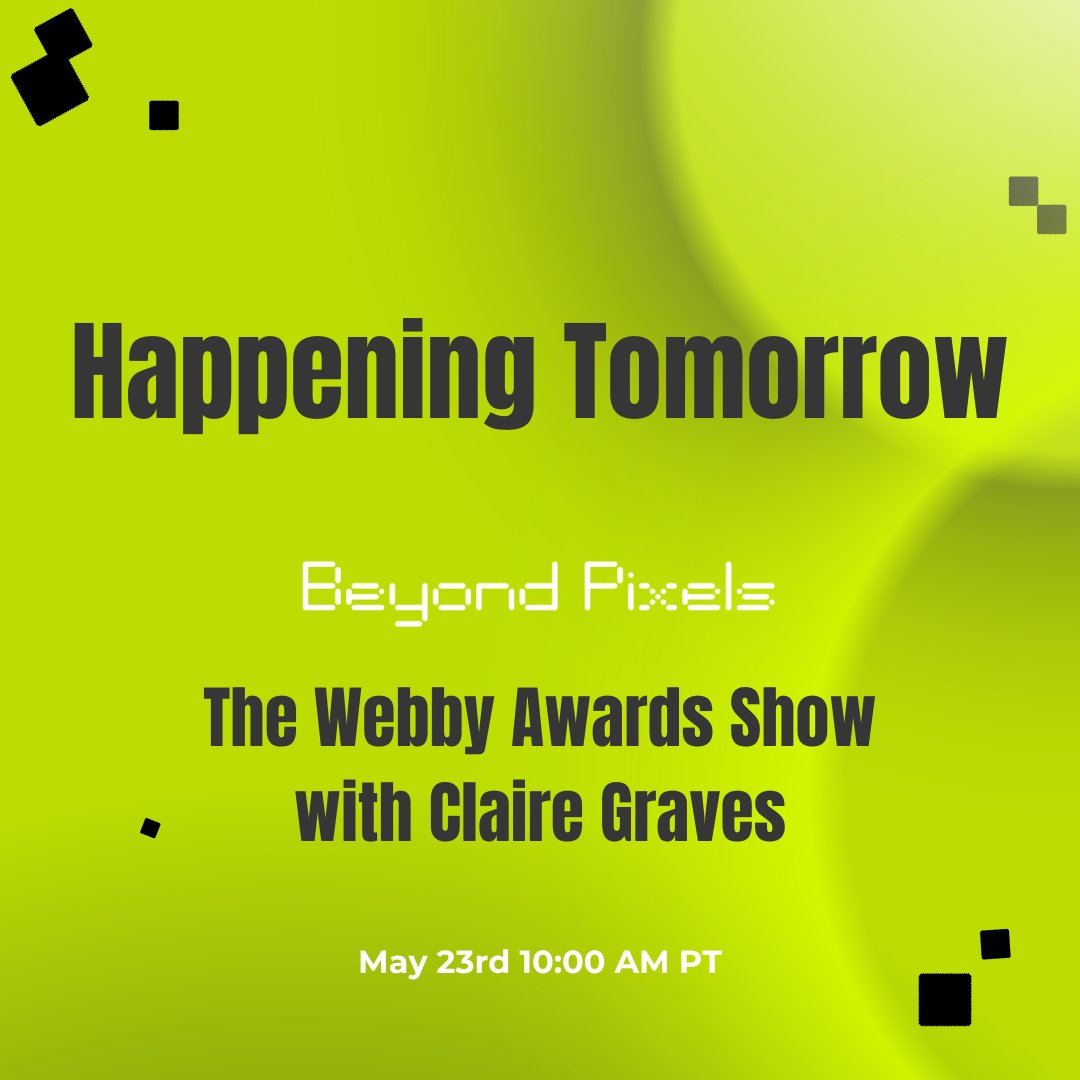 🎉 Don't Miss It! 
Beyond Pixels: <a href="/TheWebbyAwards/">The Webby Awards</a> with Claire Graves is tomorrow at 10 AM PT!   

Get ready for amazing insights from Webby Awards winners and top studios. Tune in for a deep dive into AI, Metaverse, and Virtual trends 

👉 Register now!
linkedin.com/events/beyondp…
