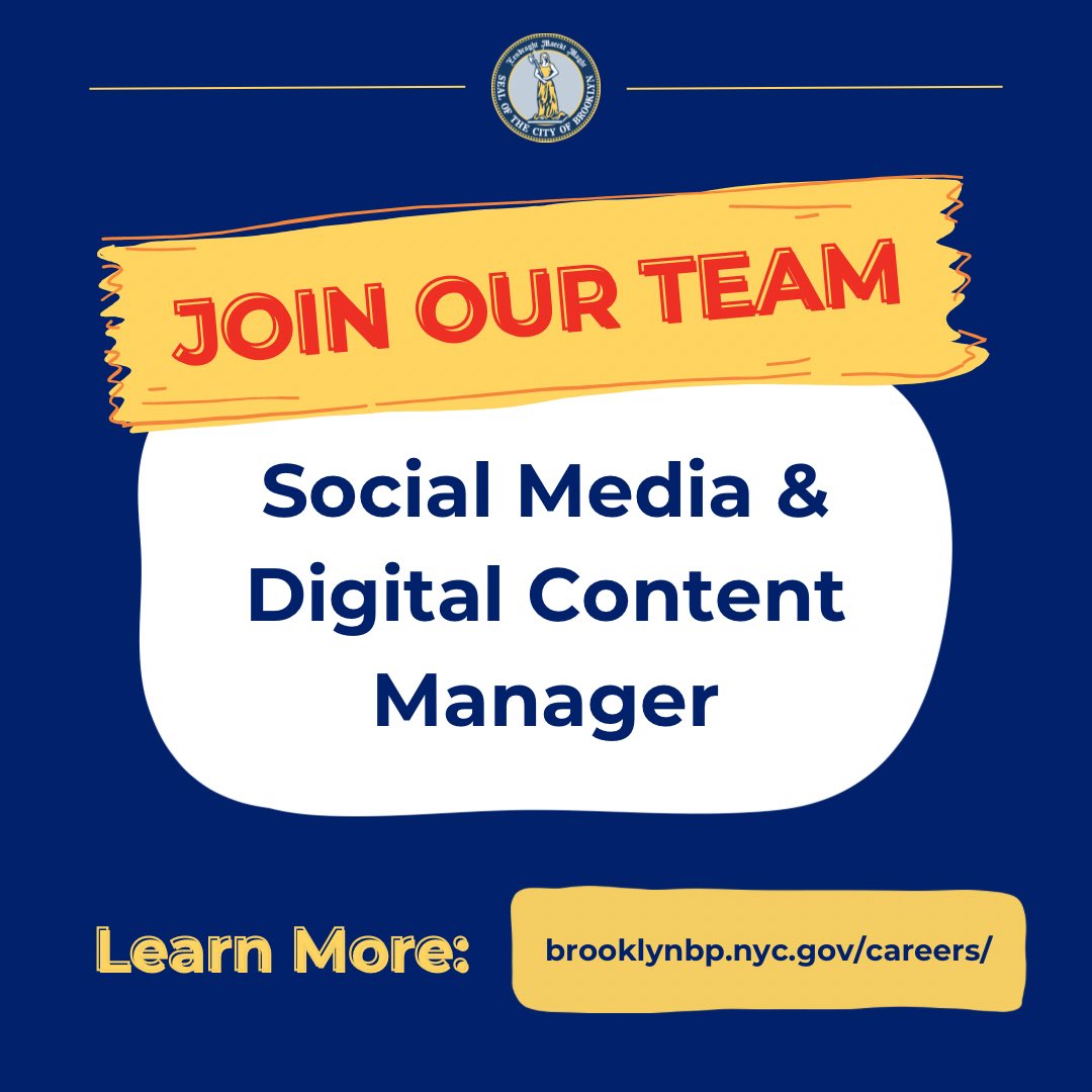 📢 I'm looking for a Social Media & Digital Content Manager to join my communications team!   This role is all about digital skills, creativity, and collaboration. Think you might be a good fit or know someone interested?   Check out the full listing at brooklynbp.nyc.gov/careers/