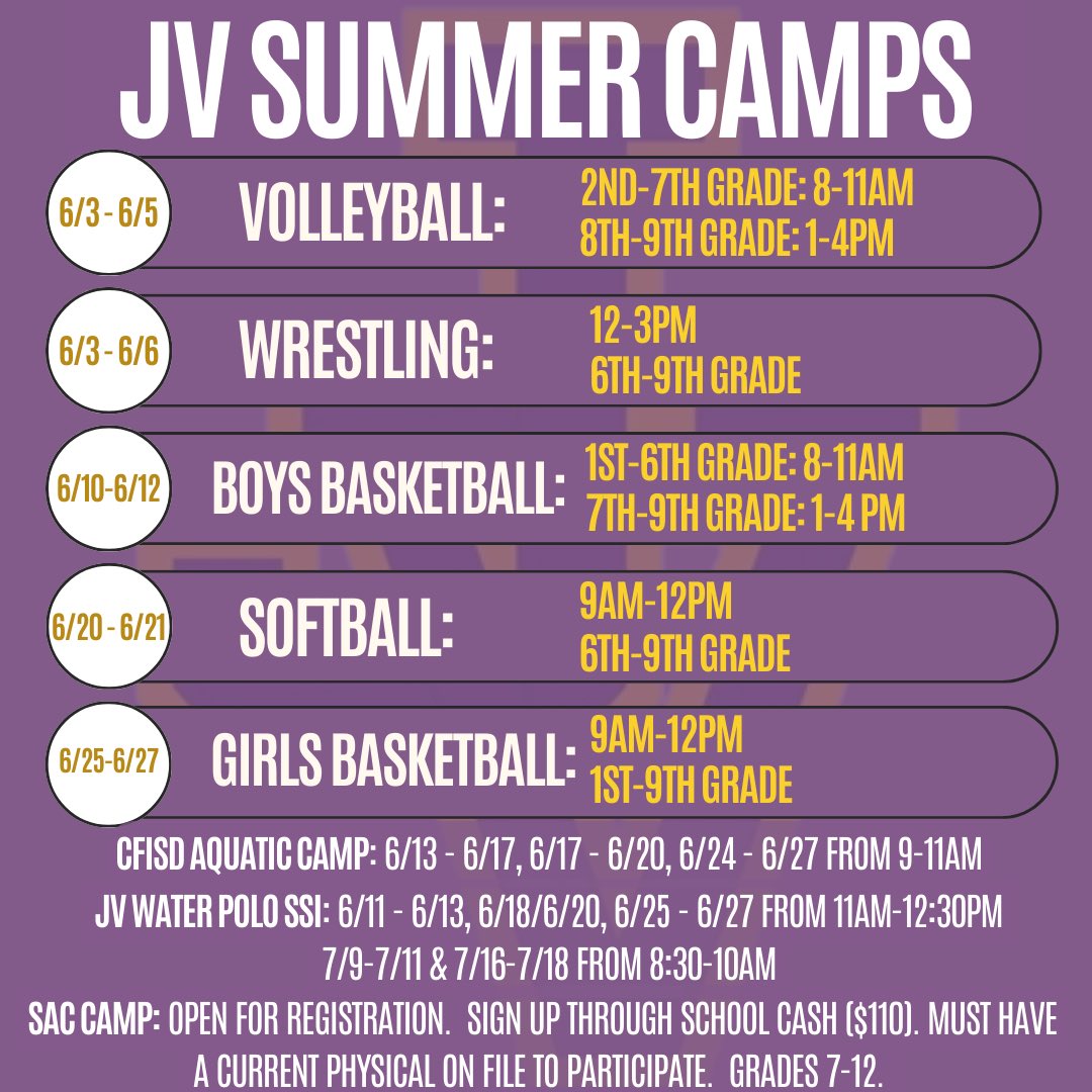 Looking for something for your kids this summer? LOTS of camps happening at JV and in CFISD. Can’t wait to see everyone💛💜