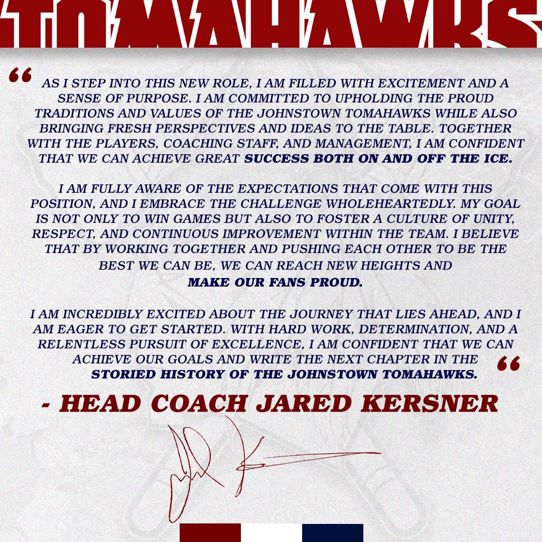 It's official Hawks fans! 🖊️🤩 Tomahawks Hockey Partners LLC. is pleased to announce the hiring of Jared Kersner as the Head Coach and General Manager of the Johnstown Tomahawks. Kersner is the third Head Coach in the franchises’ 13th season. 🗞️See official press release: