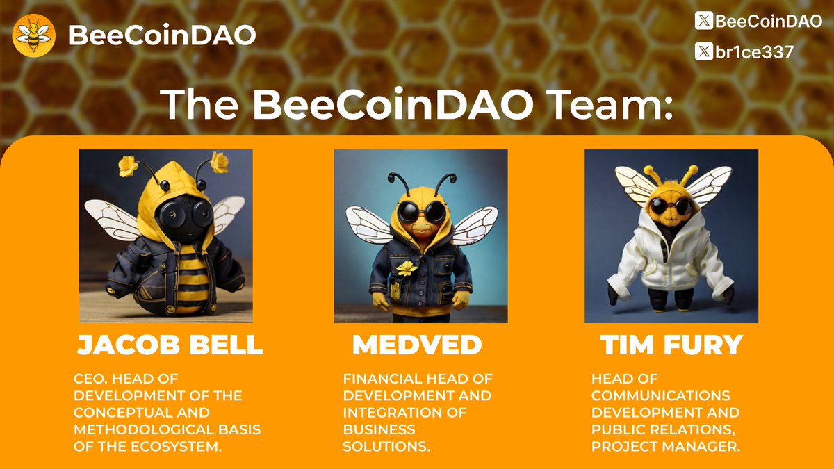 br1ce337's tweet photo. Hey, everybody! Today I'm going to tell you about the @BeeCoinDAO team. Below I will tell you about the roles of the three main people of this project.🔥
Time to $BEE 🐝
#TestAmbBEE | #BeeCoinDAO | #Web3 https://t.co/mEC4R5BtLG