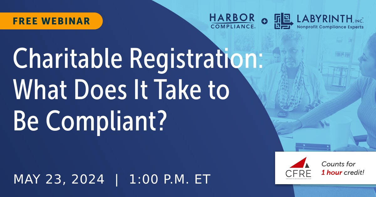 labyrinthinc's tweet photo. Learn how to meet charitable registration requirements at our May 23 webinar! We'll cover state requirements, costs, and best practices for managing registrations and renewals. Participation counts for 1 CFRE International credit! Sign up now: https://t.co/oldUvf4yWK https://t.co/lQxd6fK5kh