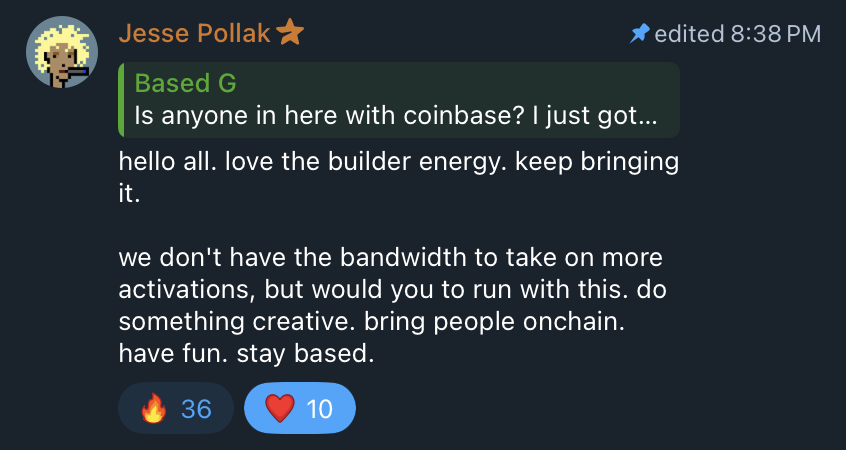 USAonBase's tweet photo. In the last 12 hours..
@jessepollak joined the TG and purchased some $USA.
We hit an ATH of 10m.
As promised a supporter donated 5m USA.
We currently have 35m USA in the donation wallet, which has a current market value of over $300,000. 
We are making @base history!!! #based https://t.co/BE4IyXJFYK