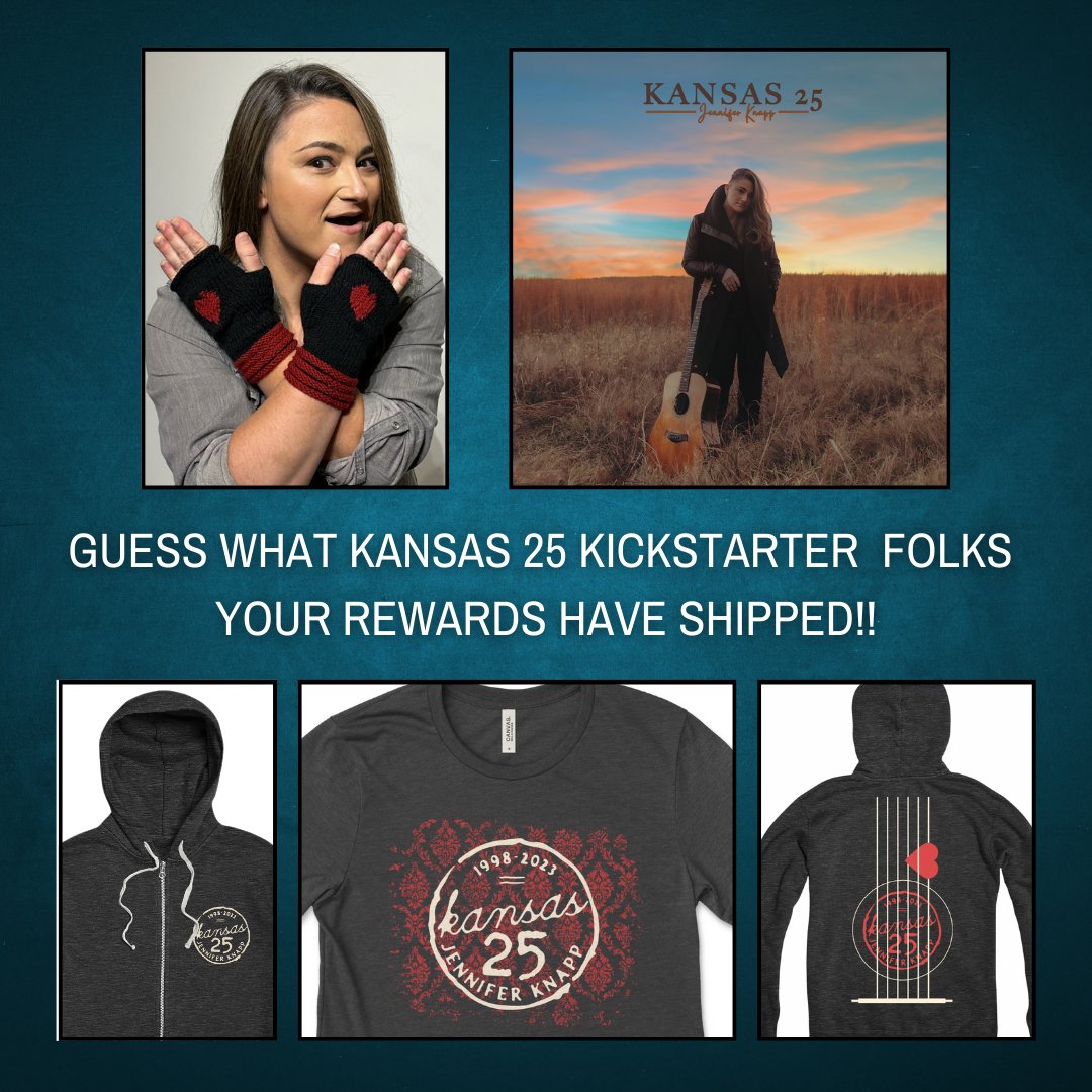 The dream of Kansas 25 could not have come true without our Kickstarter backers. THANK YOU.
All your rewards shipped on Monday. Hope you LOVE your exclusive tees &amp; hoodies, mittens, and the autographed CDs!
Stream, download and buy Kansas 25 NOW!
jenniferknapp.com/kansas25