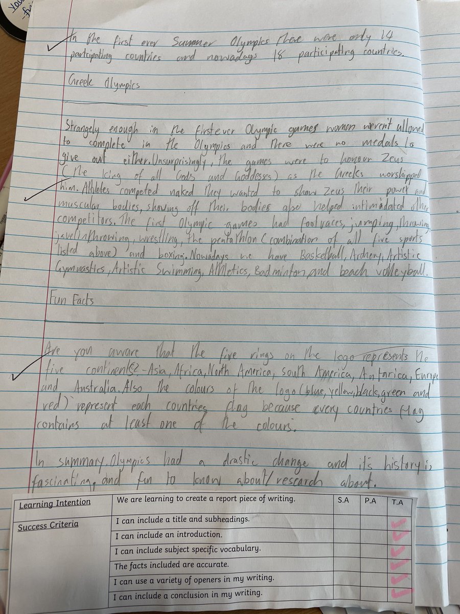 Another example of a fabulous report on the History of the @Olympics 
I am so proud of the vocabulary and detail this young writer has used! 
@StTeresasPS @literacyfor_ALL