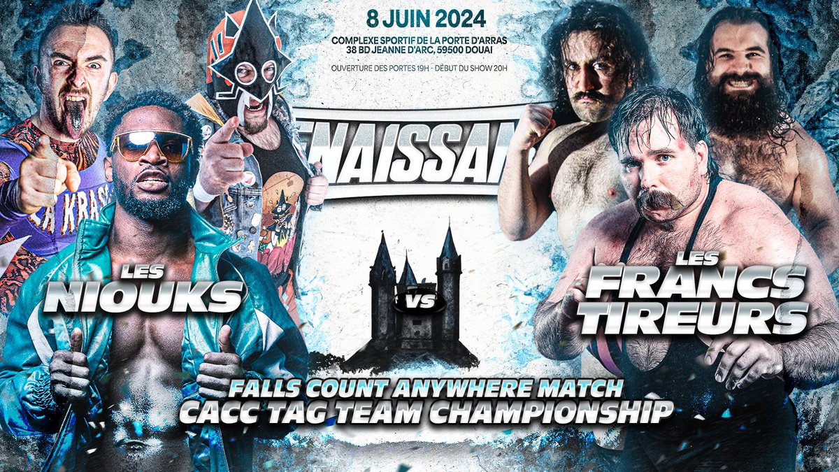 Les Niouks vs. Les Francs Tireurs à la CACC !

La <a href="/CACC59500/">CACC</a> a annoncé que Les Niouks (<a href="/Kurothekidd/">“𝐌𝐑 𝐇𝐘𝐏𝐄” KURO</a>, <a href="/RavageCatchFr/">RAVAGE est LÀ</a> &amp; <a href="/LaKrass_Niouks/">LA KRASS</a>) affronteront Les Francs Tireurs (<a href="/BrunGustave/">Gustave Le Brun</a>, <a href="/BalzacGeorges/">Georges Porco Rosso Balzac 🇨🇵</a> &amp; @La_Sainte_Barbe) dans un match Falls Count Anywhere pour les titres Tag Team de