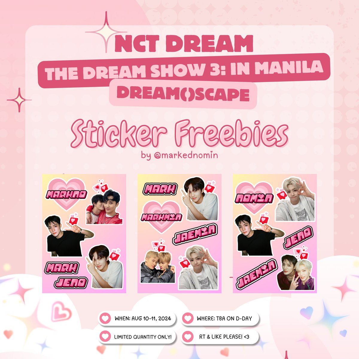 TDS3 IN MANILA — DREAM()SCAPE ‧₊˚✧ @markednomin freebies ✧˚₊‧ i'll be giving away markno, markmin, and nomin sticker sets! just approach me to claim~ 🫶 🎀 rt & like 🎀 time & loc: tba 🎀 limited quantity only! (1:1) #NCTDREAM_THEDREAMSHOW3_in_MNL