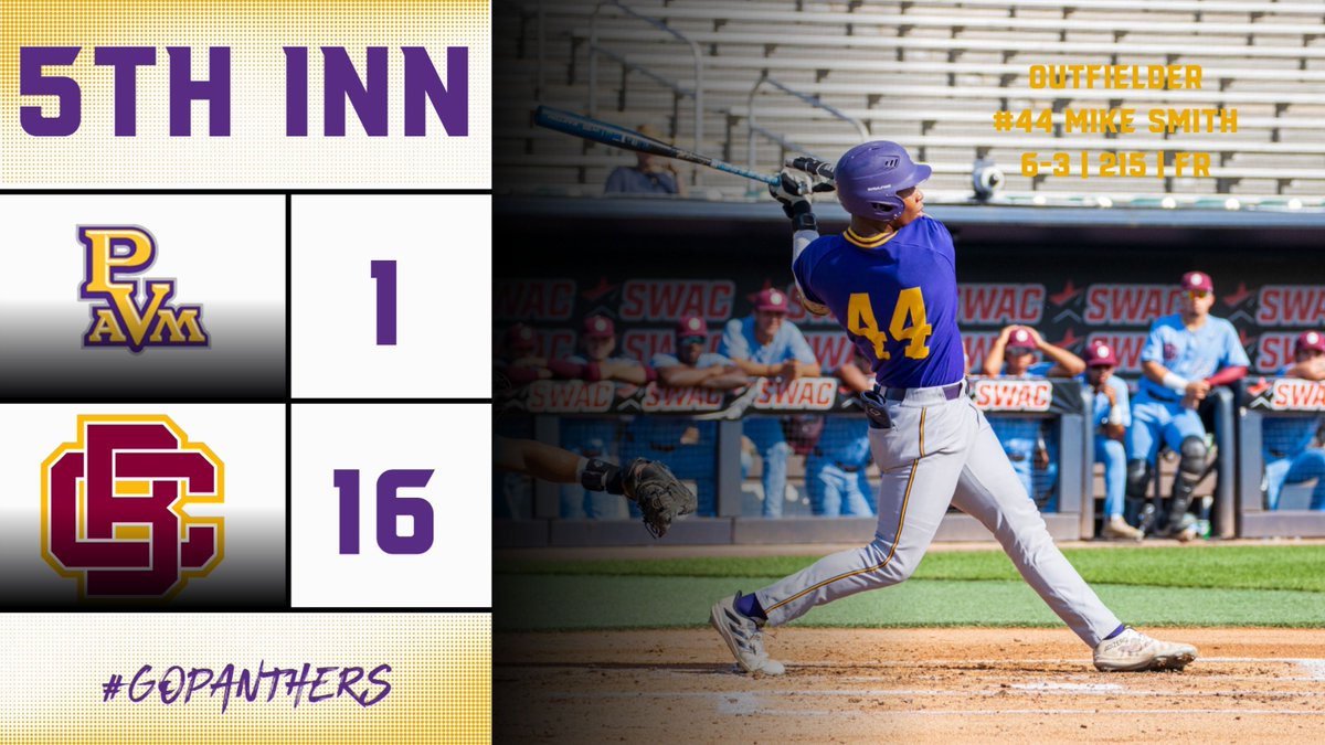 PVAMUBSB: After 5 innings of play Bethune leads the PV in the 2024 SWAC Baseball Tournament! Watch, follow or come by to catch all the action. 🗓️: May 22 🏟️: Russ Chandler Stadium | Atlanta, GA 🎟️: buff.ly/3WQxiWg 📺: buff.ly/4dwonPE 📊: buff.ly/4atlGMk