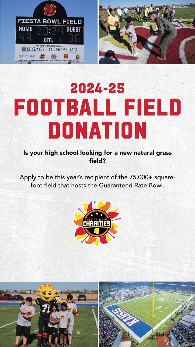 The past 9 years #FiestaBowl Charities donated the field from the annual @GuaranteedRate Bowl to the local community. Do you know an AZ high school who could use a new football field? Take a few minutes to fill out the interest form - bit.ly/4awtRHs. @RateBowl