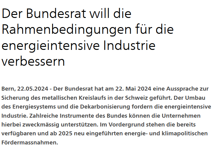 BR #Parmelin erachtet die #Stahlindustrie weiterhin nicht als systemrelevante Basisindustrie. Was gut klingt ist untauglich (Kurzarbeitsent., Verzicht bei Strommangellage) oder derart mit angezogener Handbremse (Förderprogr.), dass Stillstand riskiert wird admin.ch/gov/de/start/d…