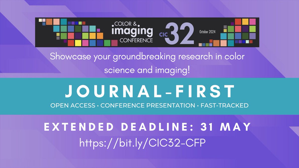 Exciting news for #colorscience and #imaging researchers! The upcoming #CIC32 conference has extended the Journal-first submission deadline. Submit by 31 May for a guaranteed open-access journal citation. More details at bit.ly/CIC32-CFP 
#CFP #journals #research