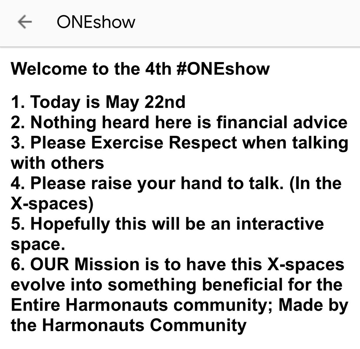 kratos_harmony's tweet photo. 🚨@harmonyprotocol ONE show Episode 4 is commencing 🔜 🚀 

May 22 today 🗓️ 

Harmonauts Community United as $ONE To Help Improve Communication &amp; Foster Community Involvement on @harmonyprotocol

Agenda: https://t.co/ozmmry99Qw https://t.co/wsqeo3A5XZ