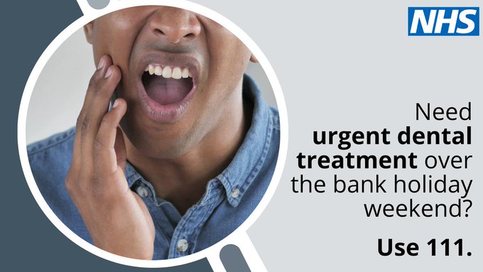 If you need urgent dental treatment this #bankholiday weekend, then the NHS is here for you.🦷 💻Use the NHS 111 online service. If necessary, they’ll be able to arrange an appointment for you. 📱111.nhs.uk